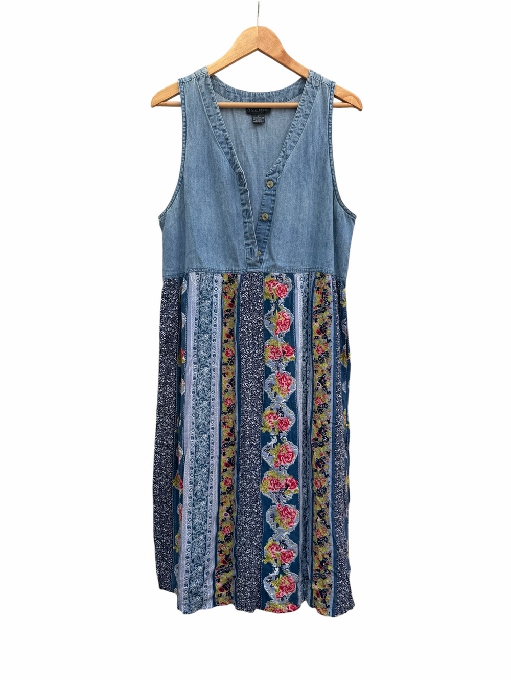 Mizz Lizz Vintage Mixed Textile Dress Denim Vest with Floral Skirt
